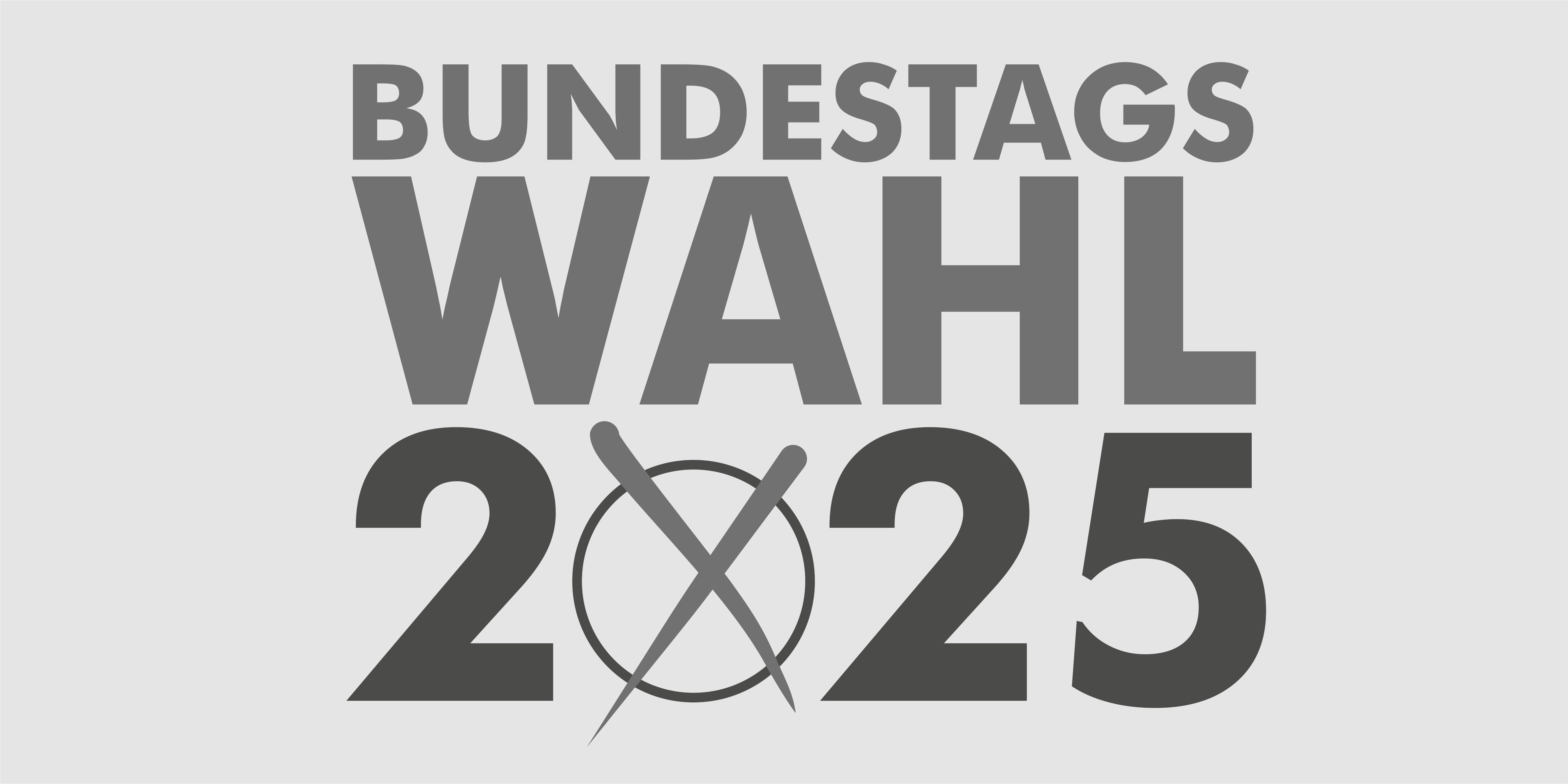 Bundestagswahl 2025 Logo mit dem Text Bundestagswahl 2025 - die Null der Jahreszahl ist wie ein Kreis mit einem Stimmkreuz gestaltet