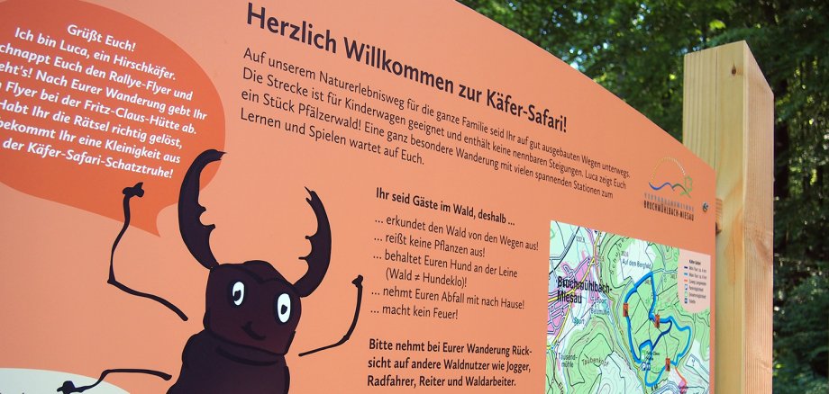 Orangenes Schild mit einem Hirschkäfer und Text. 