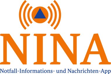 Das Logo der Warn-App besteht aus einem Orangenem Kreis mit einem blauen Dreieck. Davon gehen links und rechts drei orangefarbene Halbkreise weg,  darin von dem aus  nach beiden Seiten hinweg. Darunter steht in orange Nina und in blau Notfall-Informations-und Nachrichten-App. 