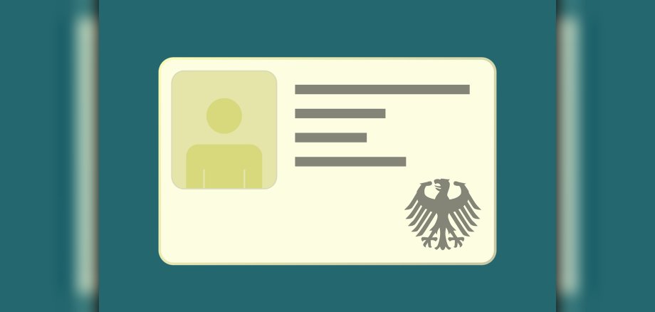 Zeichnung eines Personalausweises. Ein Symbolbild für einen deutschen Personalausweis mit Platzhalter für das Passbild und Andeutung von Daten durch Striche. Auf der rechten unteren Ecke ist der Bundesadler abgebildet. Der Personalausweis ist in hellgelb gehalten und liegt auf einem dunkelgrünen Hintergrund.