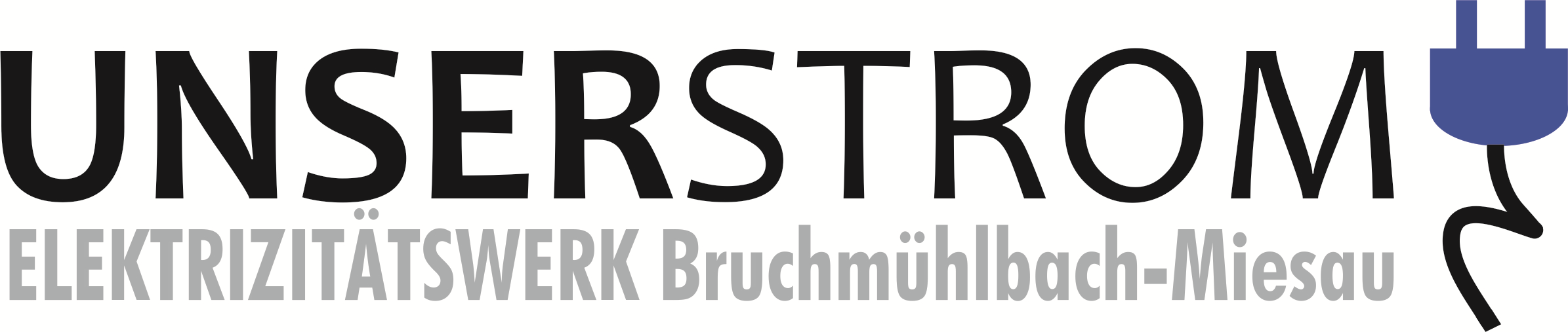 Schriftzug: "Unser Strom Elektrizitätswerk Bruchmühlbach-Miesau" daneben ein Pictogramm eines Steckers in blau mit schwarzem Kabel.