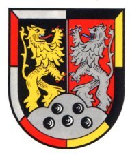 Auf dem Wappen stehen sich ein gelber und ein grauer Löwe gegenüber. Der graue Löwe befindet sich auf roten Hintergrund wohingegen der Hintergrund vom gelben Löwen schwarz ist. Um die beiden ist ein rot, graues, gelbes und schwarzes Banner gezogen.