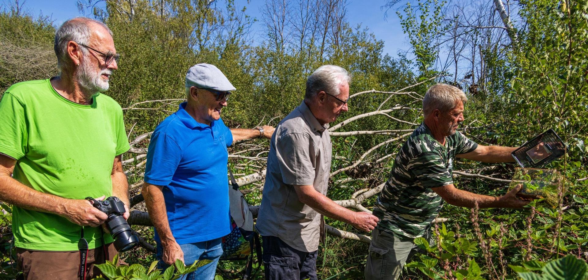 von links nach rechts: Herr König Naturschutzgruppe Moorklee, erster Beigeordneter der Verbandsgemeinde Bruchmühlbach-Miesau Herr Schneider, Prof. Dr. Bernd und Züchter Ihrig bei der Aussetzung der Laubfrösche 