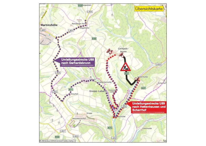 Plan Umleitung für die Dauer der Baumaßnahme an der K67/K68 erfolgt über die K71 - Labach - K71 - L466 - Martinshöhe - L465 Langwieden und umgekehrt