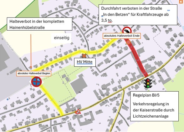 Karte der zeitweisen Umleitung. Vollsperrung im OT Bruchmühlbach – Flachsäckerstraße von der L395 Kaiserstraße bis Kreuzung „In den Betzen / Hainenhübelstraße“  (Zeitraum 17.11.2025 – 30.06.2026)  Abschnittweiser grundhafter Vollausbau einschließlich Erneuerung der Hausanschlüsse der Wasserleitungen.  Der Verkehr wird in dieser Zeit über die L 395 „Kaiserstraße“ über die Straßen „Fabrikstraße“ und „Hainenhübelstraße“ umgeleitet. Die Umleitungsstrecke gilt ebenso in entgegengesetzter Fahrtrichtung.  Die Verkehrsregelung in der Kaiserstraße an der Einmündung Flachsäckerstraße wird während der Baumaßnahme durch eine Lichtzeichenanlage geregelt.  Ein einseitiges absolutes Halteverbot wird in der Hainenhübelstraße errichtet.  Das Verkehrszeichen 250 „Verbot für Kraftfahrzeuge mit einer zulässigen Gesamtmasse über 3,5 to. einschließlich ihrer Anhänger und Zugmaschinen“ wird in der Straße „In den Betzen“ angeordnet. Ausgenommen sind PKW und Kraftomnibusse. 