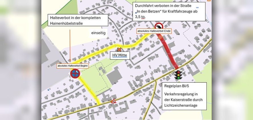Karte der zeitweisen Umleitung. Vollsperrung im OT Bruchmühlbach – Flachsäckerstraße von der L395 Kaiserstraße bis Kreuzung „In den Betzen / Hainenhübelstraße“  (Zeitraum 17.11.2025 – 30.06.2026)  Abschnittweiser grundhafter Vollausbau einschließlich Erneuerung der Hausanschlüsse der Wasserleitungen.  Der Verkehr wird in dieser Zeit über die L 395 „Kaiserstraße“ über die Straßen „Fabrikstraße“ und „Hainenhübelstraße“ umgeleitet. Die Umleitungsstrecke gilt ebenso in entgegengesetzter Fahrtrichtung.  Die Verkehrsregelung in der Kaiserstraße an der Einmündung Flachsäckerstraße wird während der Baumaßnahme durch eine Lichtzeichenanlage geregelt.  Ein einseitiges absolutes Halteverbot wird in der Hainenhübelstraße errichtet.  Das Verkehrszeichen 250 „Verbot für Kraftfahrzeuge mit einer zulässigen Gesamtmasse über 3,5 to. einschließlich ihrer Anhänger und Zugmaschinen“ wird in der Straße „In den Betzen“ angeordnet. Ausgenommen sind PKW und Kraftomnibusse. 