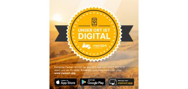 Gelber Kreis in den Unser Ort ist Digital steht. Darunter die Logos vom App Store, dem Google Play Store  und der Webseite meinort.app. 