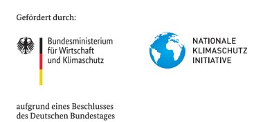 2 Logos mit dem Text: Gefördert durch das Bundeministerium für Wirtschaft und Klimaschutz (Logo des Bundes mit den Deutschlandfarben und dem Bundesadler) aufgrund eines Beschlusses des Deutschen Bundestages. Nationale Klimaschutz Inititative (Logo einer Weltkugel)