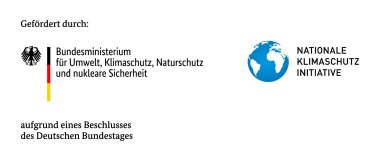 2 Logos mit dem Text: Gefördert durch das Bundesministerium für Umwelt, Klimaschutz, Naturschutz und nukleare Sicherheit (Logo des Bundes mit den Deutschlandfarben und dem Bundesadler) aufgrund eines Beschlusses des Deutschen Bundestages. Nationale Klimaschutz Inititative (Logo einer Weltkugel)
