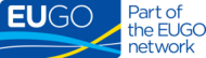 Logo der EUGO. Zu sehen ist auf der linken Seite der weiße Schriftzug EUGO auf blauen Untergrund. Unter dem Schriftzug verlaufen eine hellblaue, eine gelbe und eine weiße geschungene Linie. Rechts daneben steht in dunkelblau Part of the EUGO network.